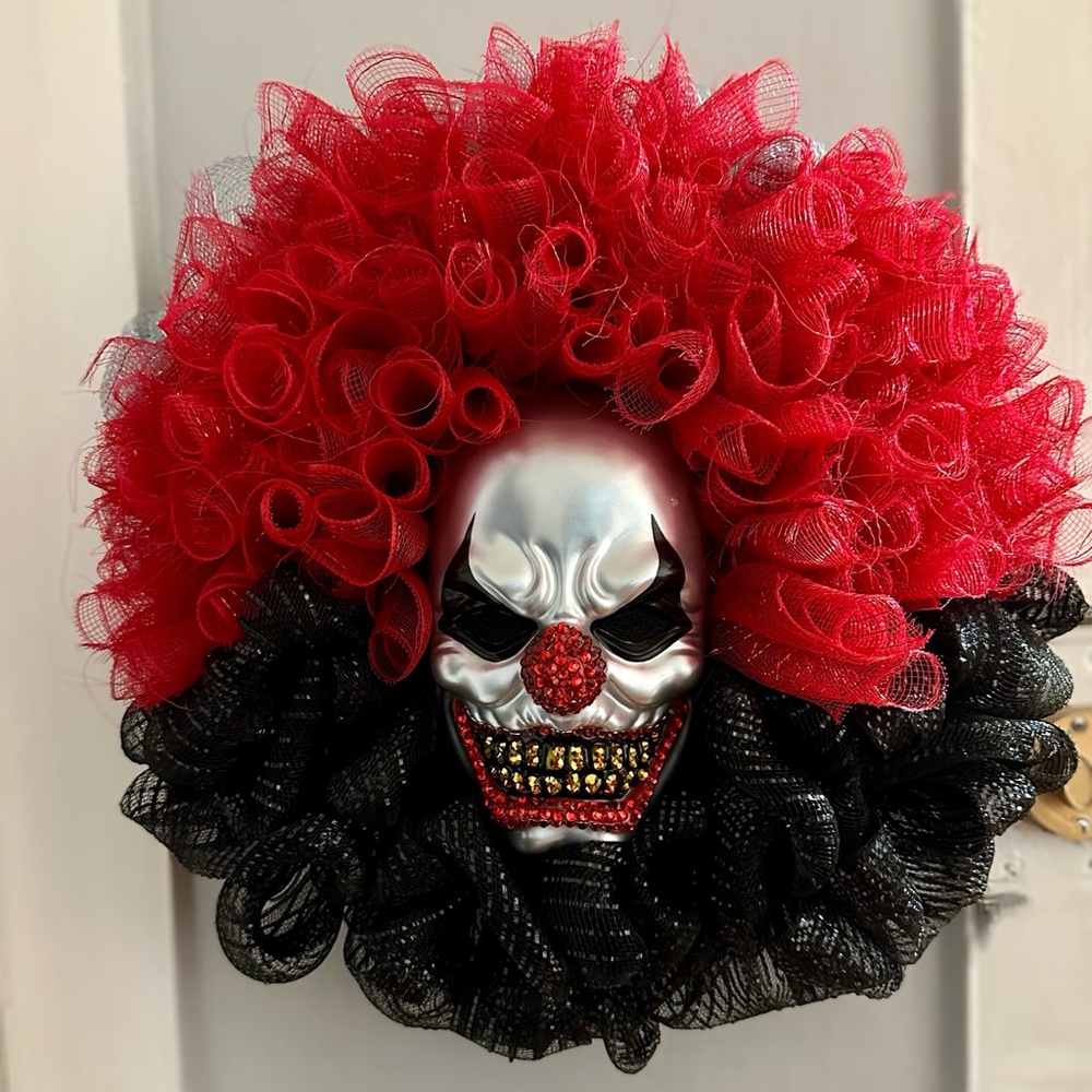 Handmade Red and Black Clown Mask Wreath